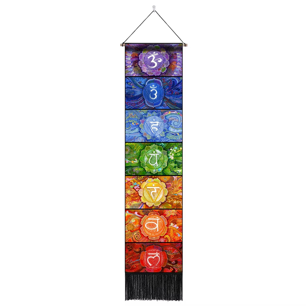 Seven Chakra Tapestry ,Hippie Mandala Chakras Wall Hanging ,Sacred Geometry Tapestries for Spiritual Room Decor , 12.8"X 51.2"