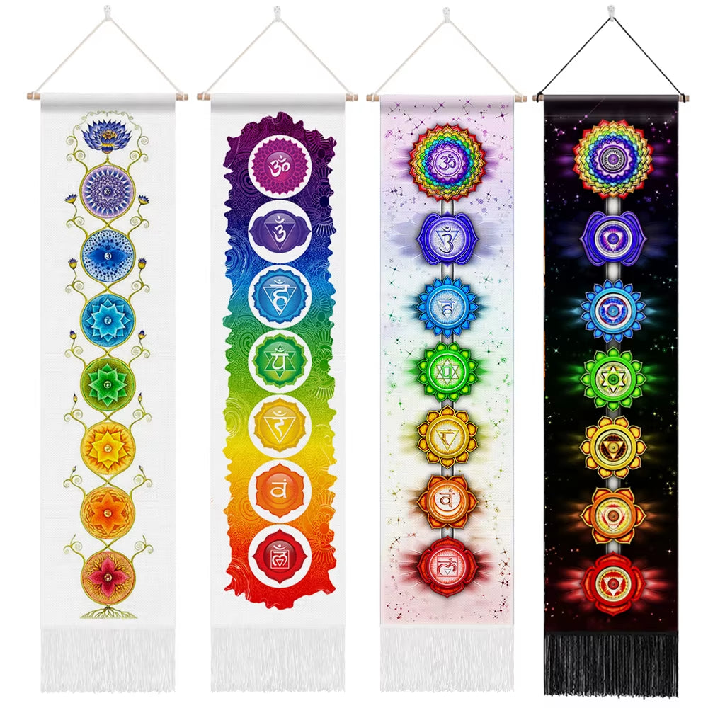 Seven Chakra Tapestry ,Hippie Mandala Chakras Wall Hanging ,Sacred Geometry Tapestries for Spiritual Room Decor , 12.8"X 51.2"