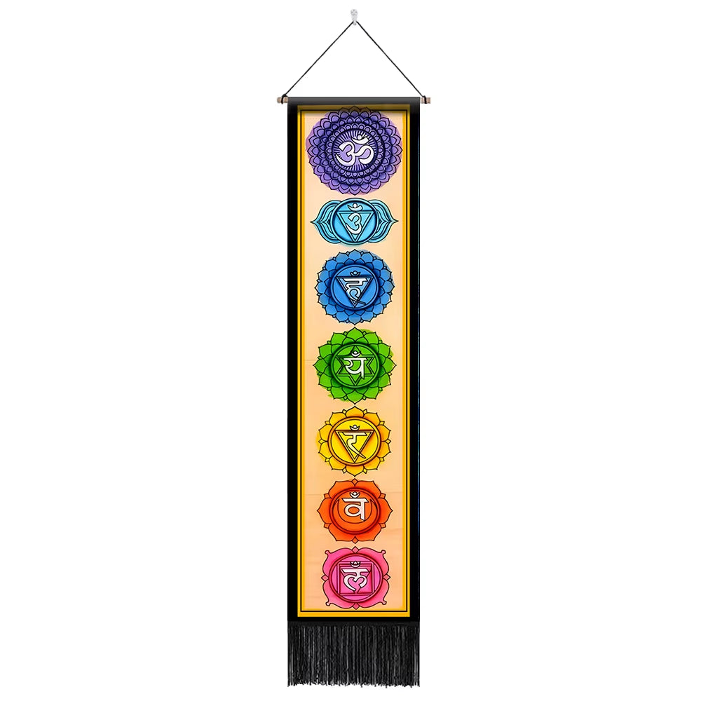 Seven Chakra Tapestry ,Hippie Mandala Chakras Wall Hanging ,Sacred Geometry Tapestries for Spiritual Room Decor , 12.8"X 51.2"