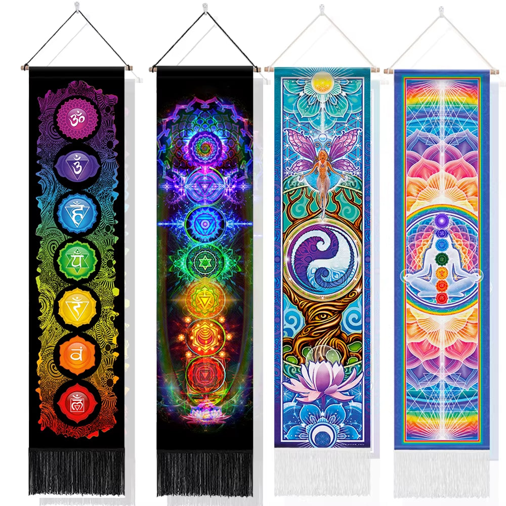 Seven Chakra Tapestry ,Hippie Mandala Chakras Wall Hanging ,Sacred Geometry Tapestries for Spiritual Room Decor , 12.8"X 51.2"