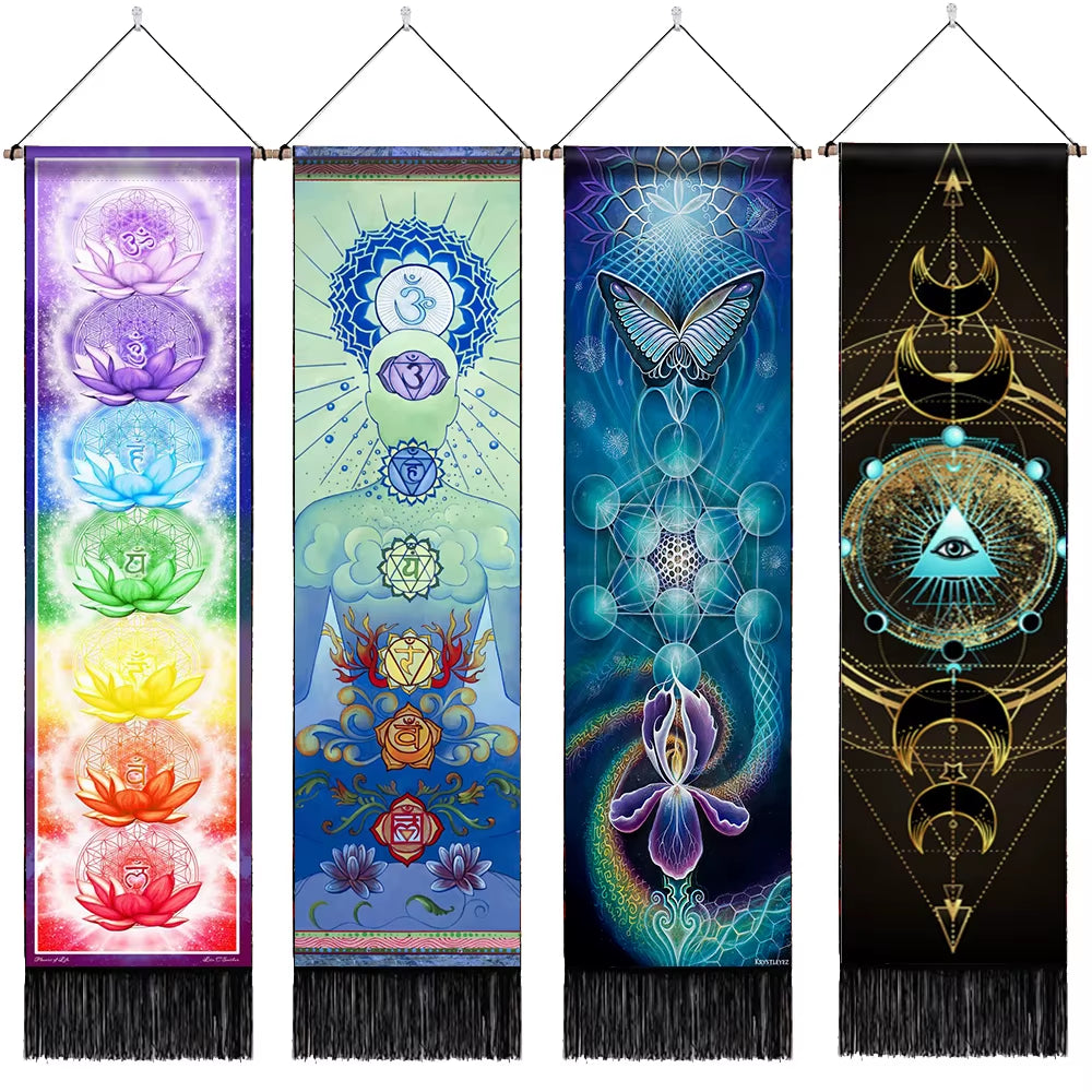 Seven Chakra Tapestry ,Hippie Mandala Chakras Wall Hanging ,Sacred Geometry Tapestries for Spiritual Room Decor , 12.8"X 51.2"