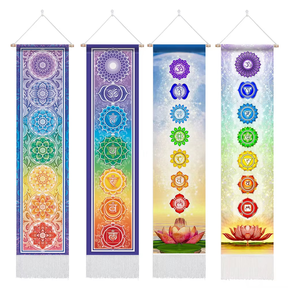 Seven Chakra Tapestry ,Hippie Mandala Chakras Wall Hanging ,Sacred Geometry Tapestries for Spiritual Room Decor , 12.8"X 51.2"