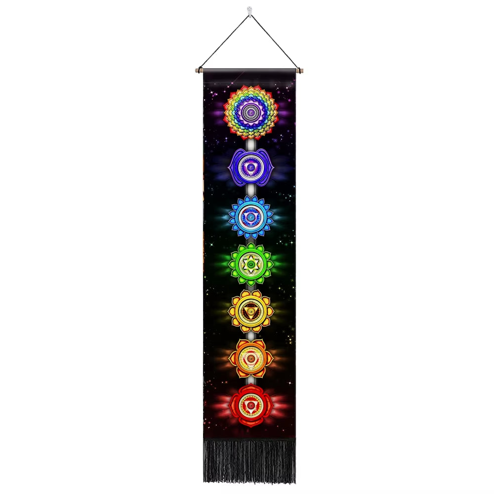 Seven Chakra Tapestry ,Hippie Mandala Chakras Wall Hanging ,Sacred Geometry Tapestries for Spiritual Room Decor , 12.8"X 51.2"